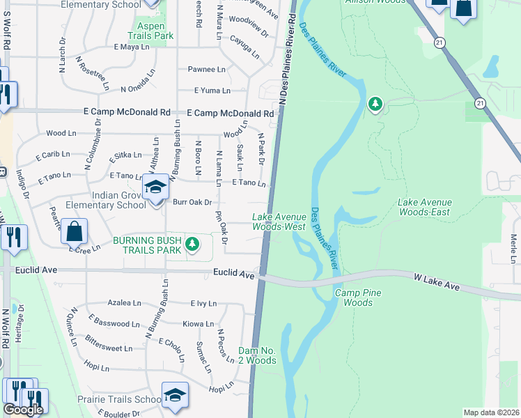 map of restaurants, bars, coffee shops, grocery stores, and more near 2016 Pin Oak Drive in Mount Prospect
