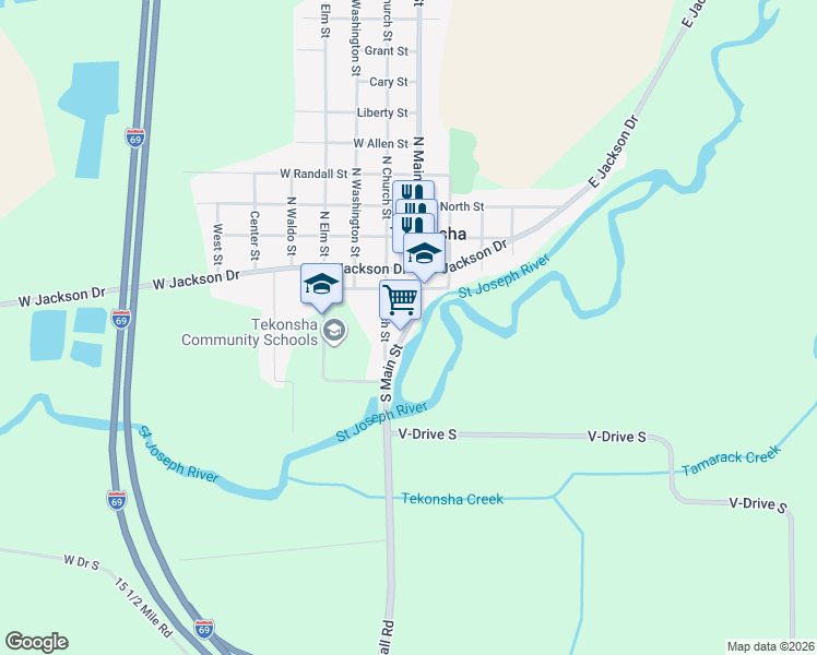 map of restaurants, bars, coffee shops, grocery stores, and more near 228 South Main Street in Tekonsha
