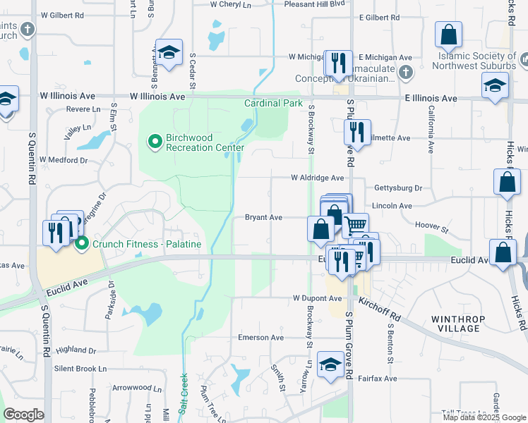 map of restaurants, bars, coffee shops, grocery stores, and more near 1115 South Smith Street in Palatine