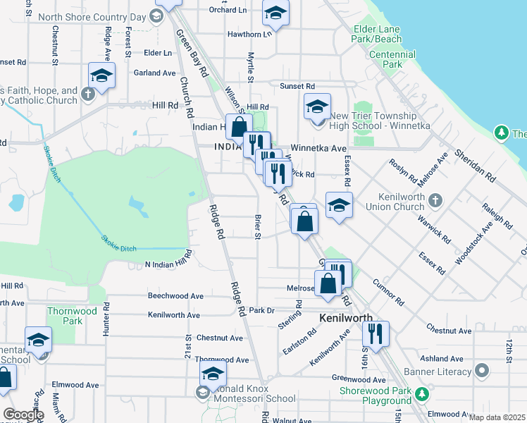 map of restaurants, bars, coffee shops, grocery stores, and more near 618 Brier Street in Kenilworth