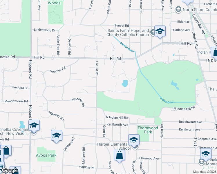 map of restaurants, bars, coffee shops, grocery stores, and more near 42 Indian Hill Road in Winnetka
