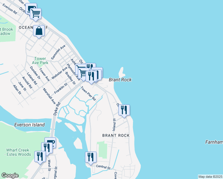 map of restaurants, bars, coffee shops, grocery stores, and more near 211 Ocean Street in Marshfield