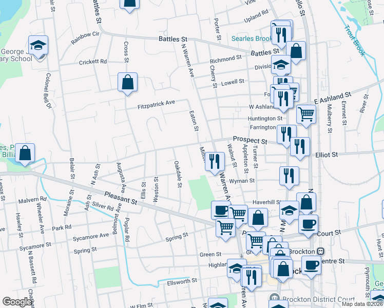 map of restaurants, bars, coffee shops, grocery stores, and more near 63 Oakdale Street in Brockton