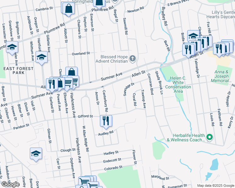 map of restaurants, bars, coffee shops, grocery stores, and more near 109 Manor Court in Springfield