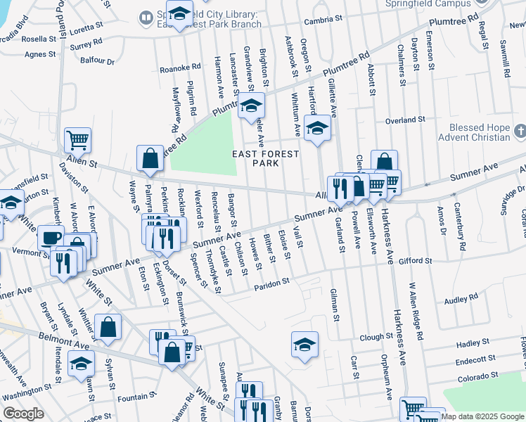 map of restaurants, bars, coffee shops, grocery stores, and more near 1062 Sumner Avenue in Springfield