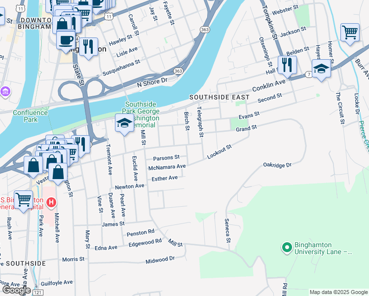 map of restaurants, bars, coffee shops, grocery stores, and more near 30 Parsons Street in Binghamton