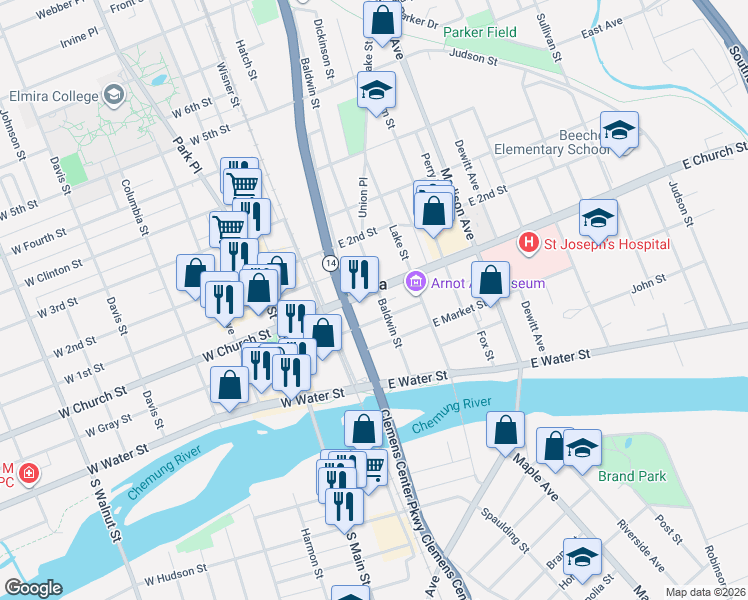 map of restaurants, bars, coffee shops, grocery stores, and more near 269 Baldwin Street in Elmira