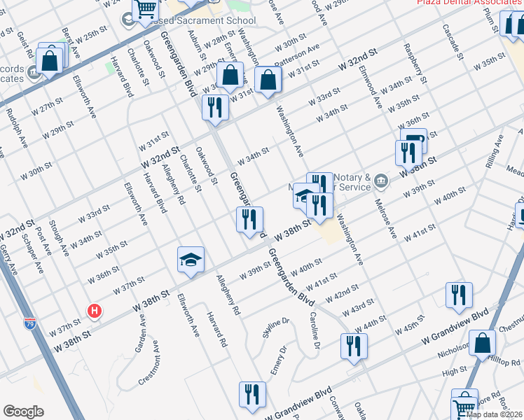 map of restaurants, bars, coffee shops, grocery stores, and more near 3715 Greengarden Blvd in Erie