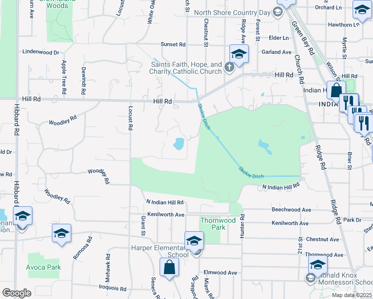 map of restaurants, bars, coffee shops, grocery stores, and more near 34 Indian Hill Road in Winnetka
