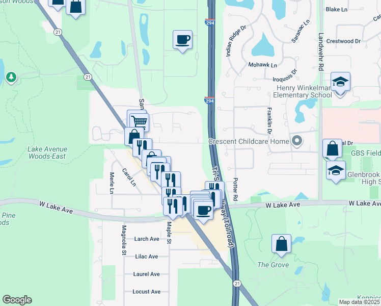 map of restaurants, bars, coffee shops, grocery stores, and more near 3444 Salem Walk in Northbrook