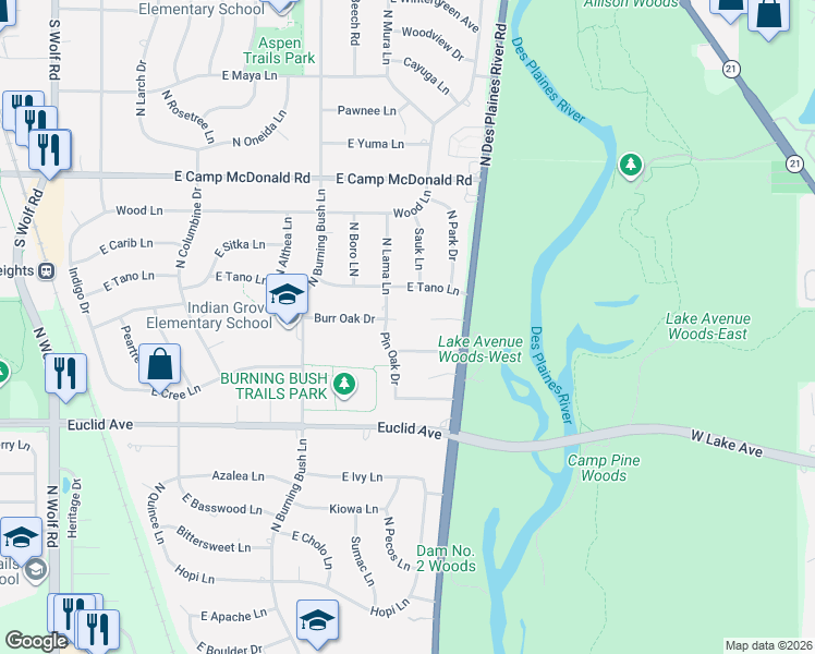 map of restaurants, bars, coffee shops, grocery stores, and more near 2001 Pin Oak Drive in Mount Prospect