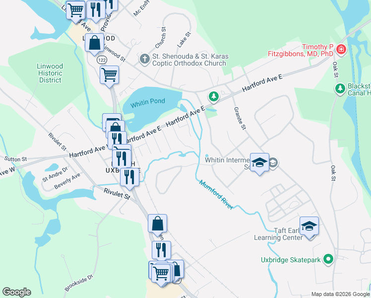 map of restaurants, bars, coffee shops, grocery stores, and more near 33 School Street in Uxbridge