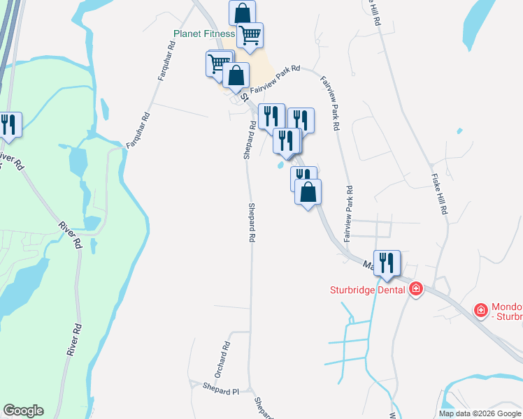 map of restaurants, bars, coffee shops, grocery stores, and more near 45 Shepard Road in Sturbridge