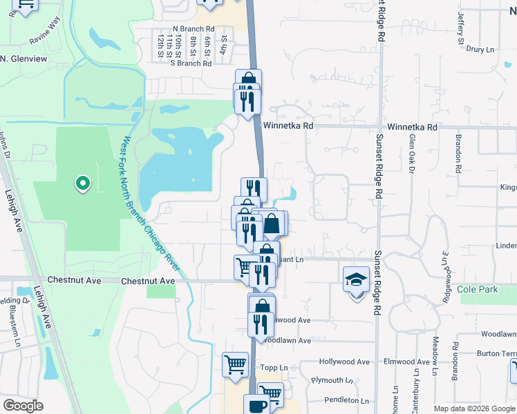 map of restaurants, bars, coffee shops, grocery stores, and more near in Glenview