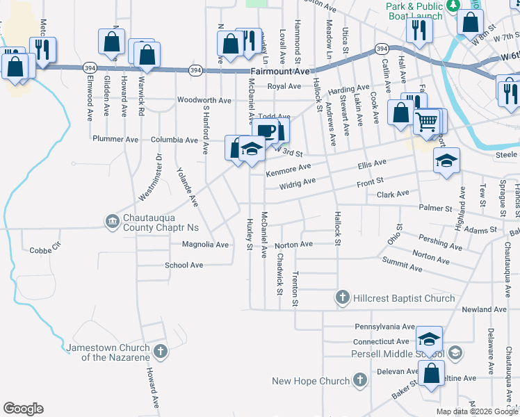 map of restaurants, bars, coffee shops, grocery stores, and more near 583 Front Street in Jamestown