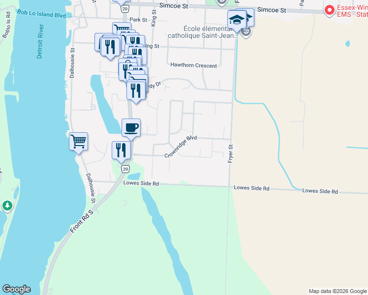 map of restaurants, bars, coffee shops, grocery stores, and more near 504 Royal Ridge Court in Amherstburg