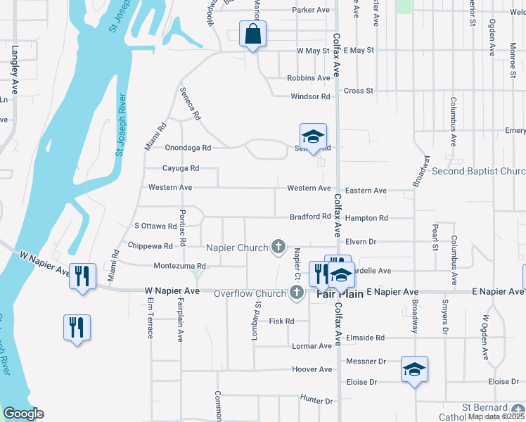 map of restaurants, bars, coffee shops, grocery stores, and more near 270 Bradford Road in Benton Harbor