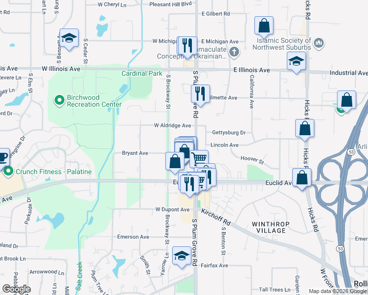 map of restaurants, bars, coffee shops, grocery stores, and more near 1035 South Brockway Street in Palatine