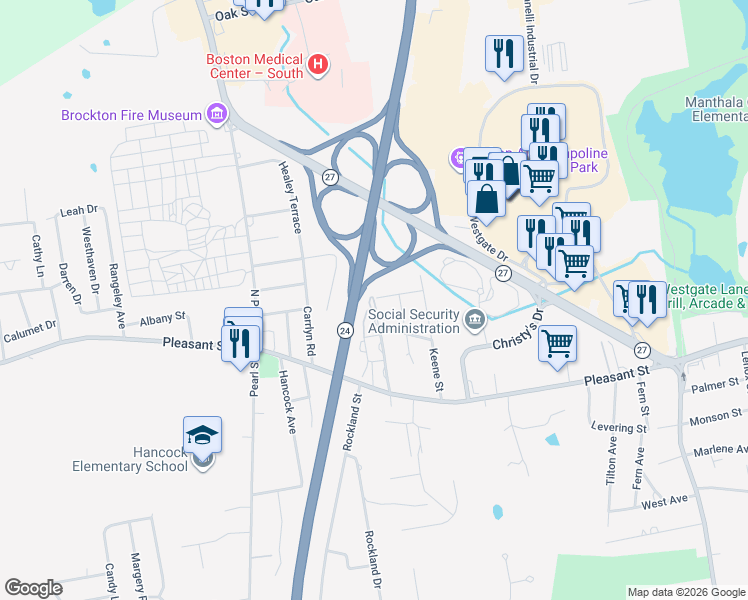 map of restaurants, bars, coffee shops, grocery stores, and more near 84 Westland Street in Brockton