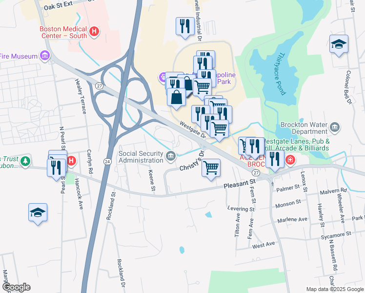 map of restaurants, bars, coffee shops, grocery stores, and more near 35 Christy's Place in Brockton