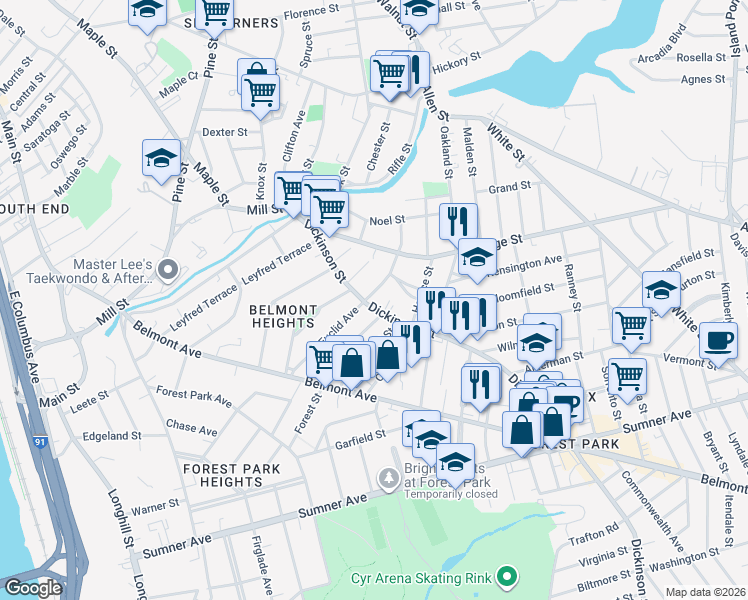 map of restaurants, bars, coffee shops, grocery stores, and more near 127 Dickinson Street in Springfield
