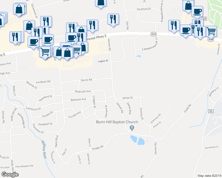 map of restaurants, bars, coffee shops, grocery stores, and more near 316 Jensen Road in Vestal