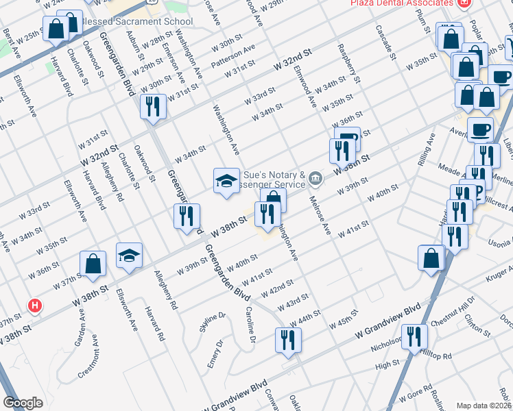 map of restaurants, bars, coffee shops, grocery stores, and more near 3711 Washington Ave in Erie