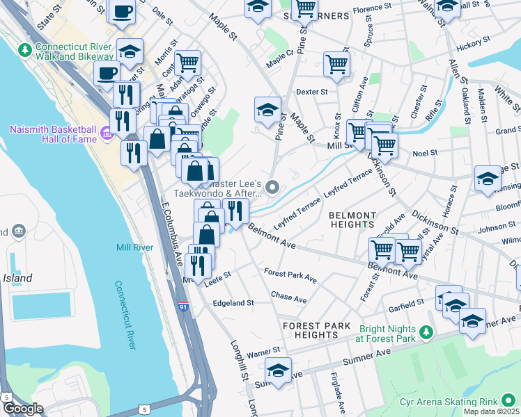 map of restaurants, bars, coffee shops, grocery stores, and more near 94 Mill Street in Springfield