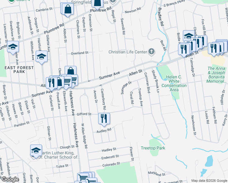 map of restaurants, bars, coffee shops, grocery stores, and more near 1/39 Manor Court in Springfield