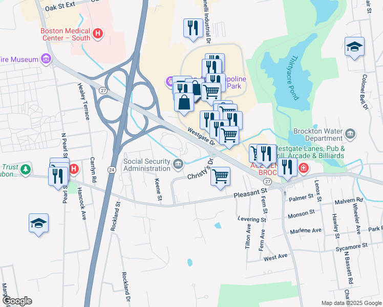 map of restaurants, bars, coffee shops, grocery stores, and more near 35 Christy's Place in Brockton