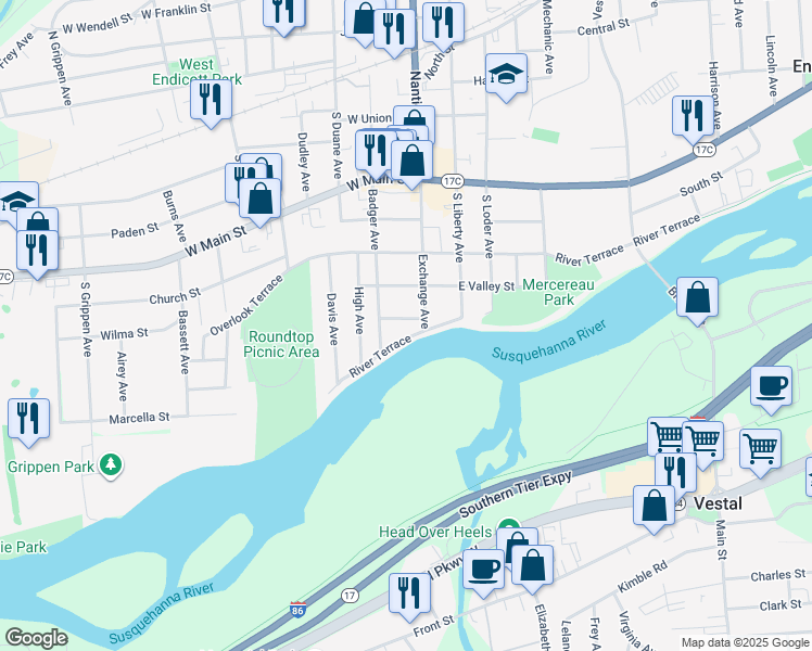 map of restaurants, bars, coffee shops, grocery stores, and more near 112 West Valley Street in Endicott