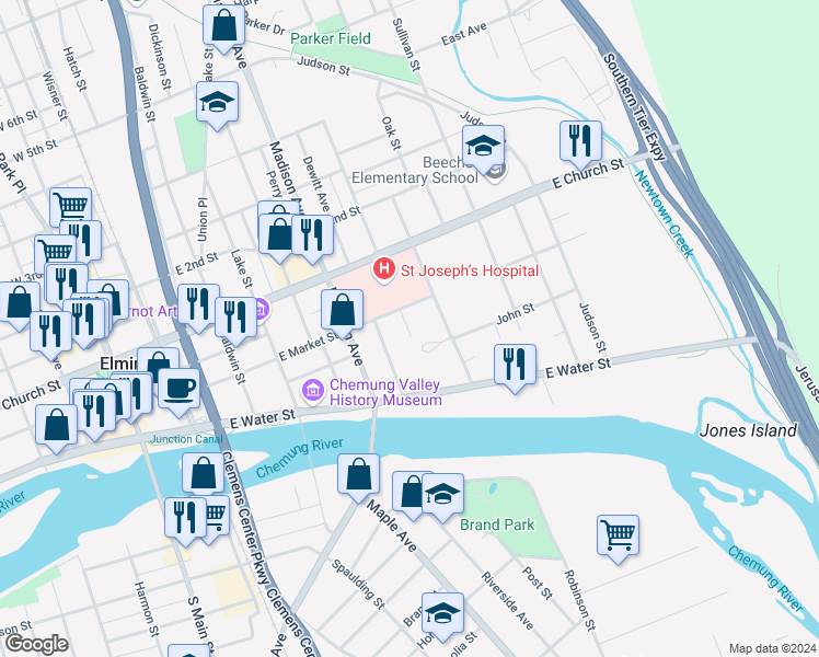 map of restaurants, bars, coffee shops, grocery stores, and more near 555 St Joseph's Boulevard in Elmira