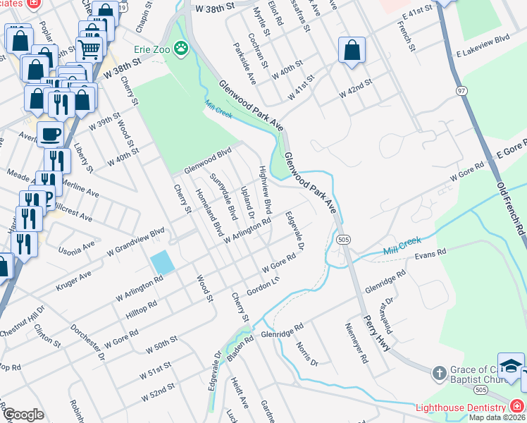 map of restaurants, bars, coffee shops, grocery stores, and more near 4630 Highview Blvd in Erie