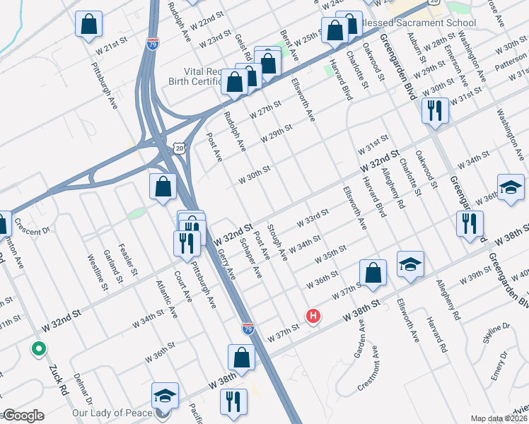 map of restaurants, bars, coffee shops, grocery stores, and more near 3109 Rudolph Ave in Erie
