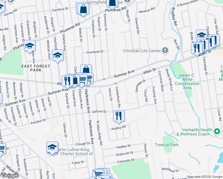 map of restaurants, bars, coffee shops, grocery stores, and more near 85 Amos Drive in Springfield