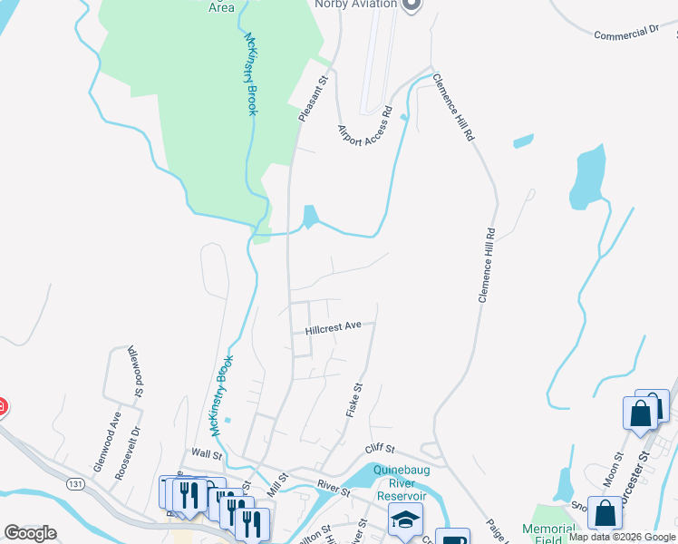 map of restaurants, bars, coffee shops, grocery stores, and more near 18 Wild Berry Lane in Southbridge