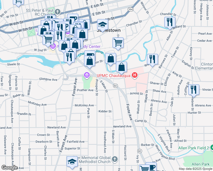 map of restaurants, bars, coffee shops, grocery stores, and more near 129 South Main Street in Jamestown