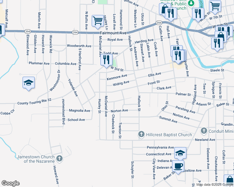 map of restaurants, bars, coffee shops, grocery stores, and more near 544 Front Street in Jamestown