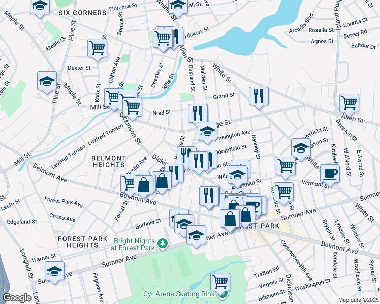 map of restaurants, bars, coffee shops, grocery stores, and more near 207 Oakland Street in Springfield