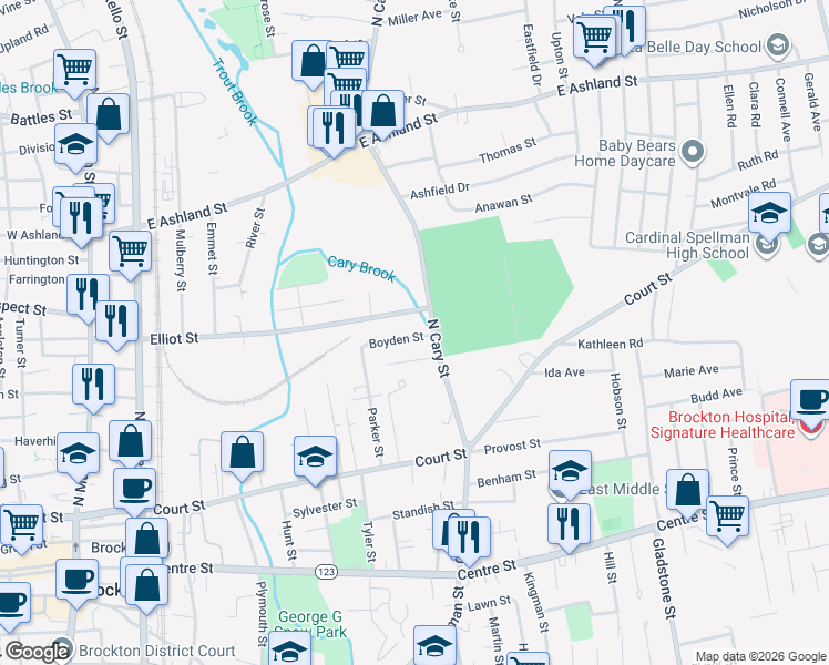 map of restaurants, bars, coffee shops, grocery stores, and more near 221 Elliot Street in Brockton