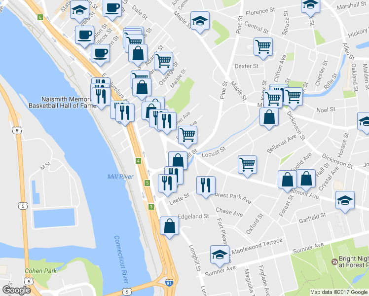 map of restaurants, bars, coffee shops, grocery stores, and more near 2 Warriner Avenue in Springfield