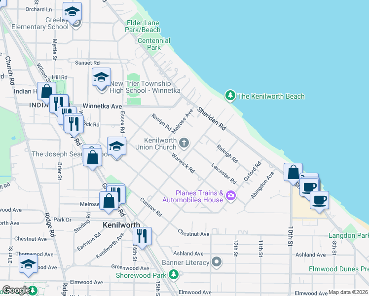 map of restaurants, bars, coffee shops, grocery stores, and more near 211 Kenilworth Avenue in Kenilworth