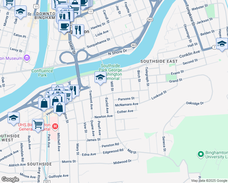 map of restaurants, bars, coffee shops, grocery stores, and more near 25 Mill Street in Binghamton