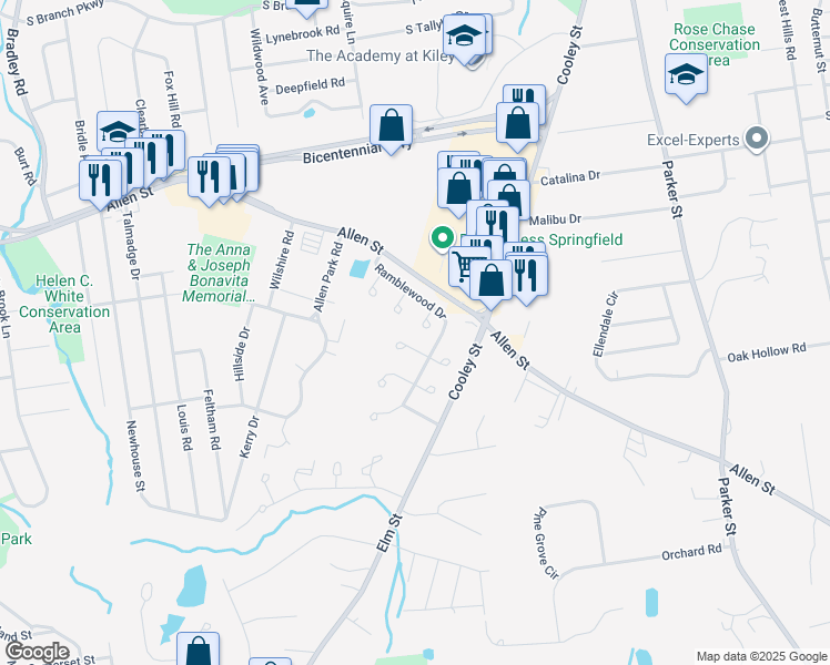 map of restaurants, bars, coffee shops, grocery stores, and more near 6 Cluster Circle in Springfield