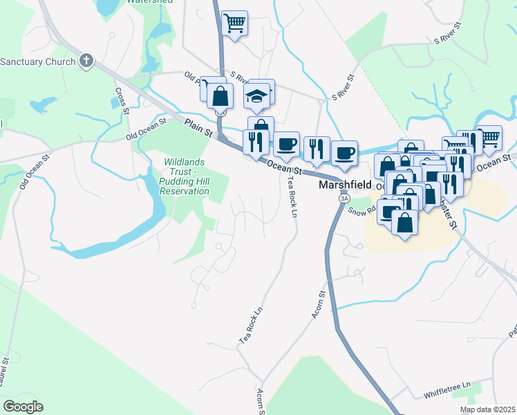 map of restaurants, bars, coffee shops, grocery stores, and more near 2093 Ocean Street in Marshfield