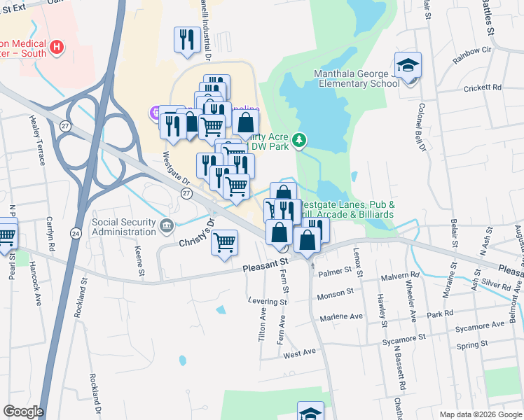 map of restaurants, bars, coffee shops, grocery stores, and more near 108 Westgate Drive in Brockton