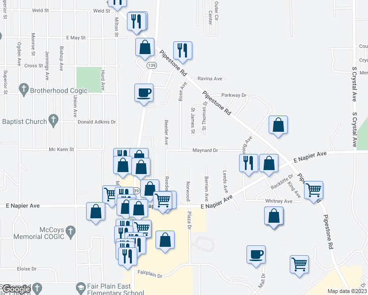 map of restaurants, bars, coffee shops, grocery stores, and more near 1491 Rose Avenue in Benton Harbor
