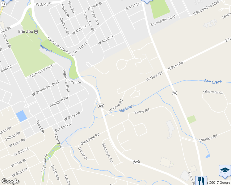 map of restaurants, bars, coffee shops, grocery stores, and more near 306 West Gore Road in Erie