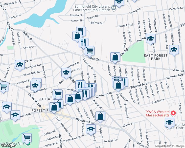map of restaurants, bars, coffee shops, grocery stores, and more near 137 Daviston Street in Springfield