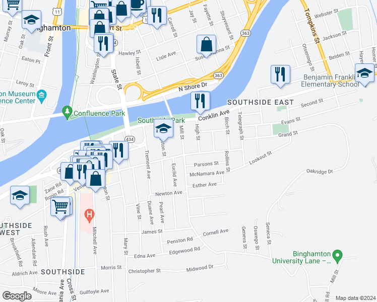 map of restaurants, bars, coffee shops, grocery stores, and more near 17 Mill Street in Binghamton